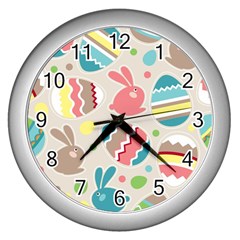 Easter Rabbit Bunny Rainbow Wall Clocks (silver)  by Mariart