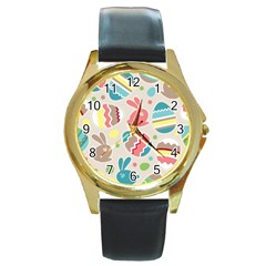 Easter Rabbit Bunny Rainbow Round Gold Metal Watch by Mariart