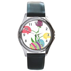 Eggs Three Tulips Flower Floral Rainbow Round Metal Watch by Mariart