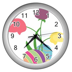 Eggs Three Tulips Flower Floral Rainbow Wall Clocks (silver)  by Mariart