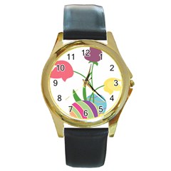 Eggs Three Tulips Flower Floral Rainbow Round Gold Metal Watch by Mariart