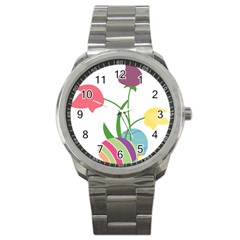 Eggs Three Tulips Flower Floral Rainbow Sport Metal Watch by Mariart