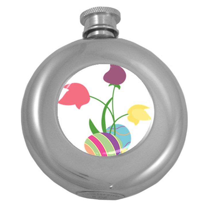 Eggs Three Tulips Flower Floral Rainbow Round Hip Flask (5 oz)