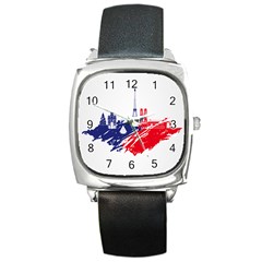 Eiffel Tower Monument Statue Of Liberty France England Red Blue Square Metal Watch by Mariart