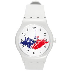 Eiffel Tower Monument Statue Of Liberty France England Red Blue Round Plastic Sport Watch (m) by Mariart