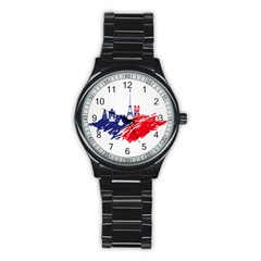 Eiffel Tower Monument Statue Of Liberty France England Red Blue Stainless Steel Round Watch by Mariart