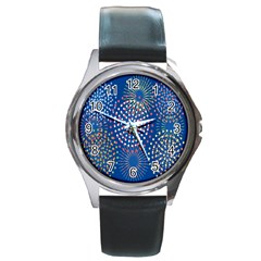 Fireworks Party Blue Fire Happy Round Metal Watch by Mariart