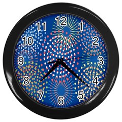 Fireworks Party Blue Fire Happy Wall Clocks (black)