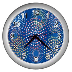 Fireworks Party Blue Fire Happy Wall Clocks (silver)  by Mariart