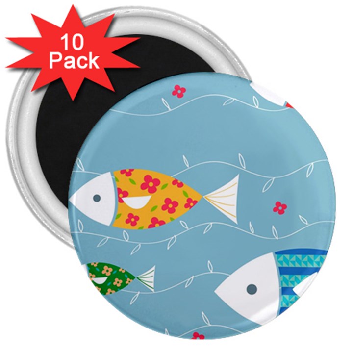 Fish Cute Swim Blue Sea 3  Magnets (10 pack) 