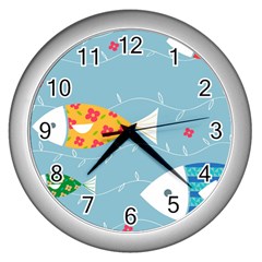 Fish Cute Swim Blue Sea Wall Clocks (silver)  by Mariart