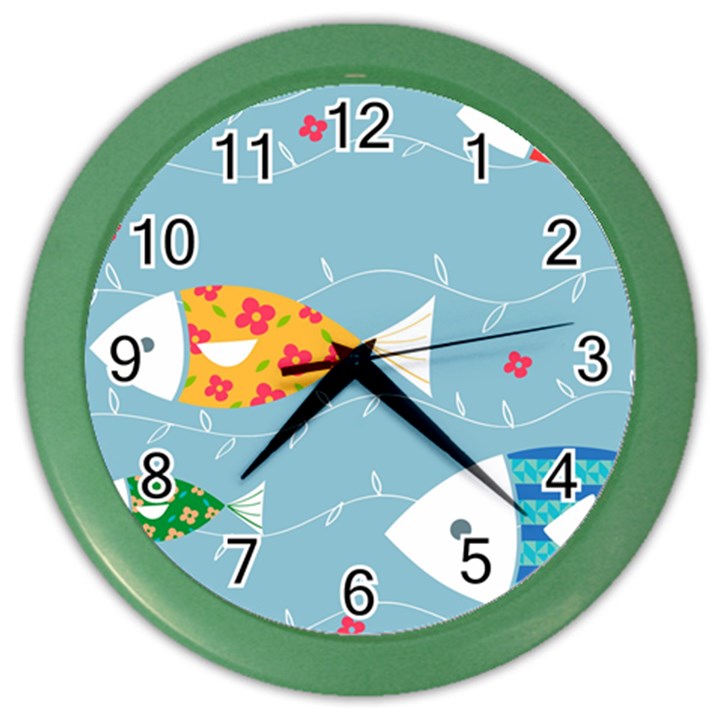 Fish Cute Swim Blue Sea Color Wall Clocks