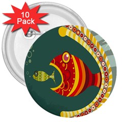 Fish Predator Sea Water Beach Monster 3  Buttons (10 Pack) 