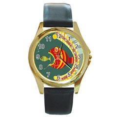 Fish Predator Sea Water Beach Monster Round Gold Metal Watch by Mariart