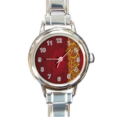 Floral Flower Golden Red Leaf Round Italian Charm Watch by Mariart