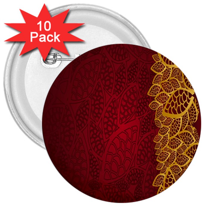 Floral Flower Golden Red Leaf 3  Buttons (10 pack) 