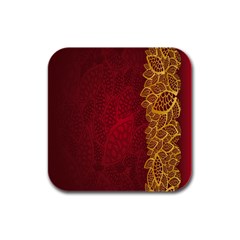 Floral Flower Golden Red Leaf Rubber Square Coaster (4 Pack)  by Mariart