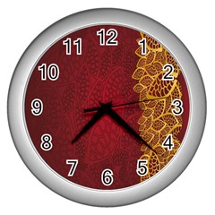 Floral Flower Golden Red Leaf Wall Clocks (silver)  by Mariart