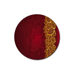 Floral Flower Golden Red Leaf Rubber Coaster (round)  by Mariart