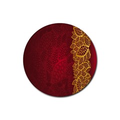 Floral Flower Golden Red Leaf Rubber Round Coaster (4 Pack)  by Mariart