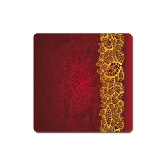 Floral Flower Golden Red Leaf Square Magnet by Mariart