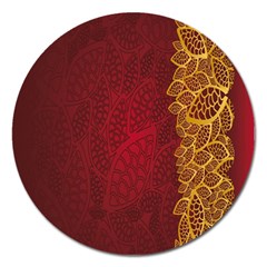 Floral Flower Golden Red Leaf Magnet 5  (round)