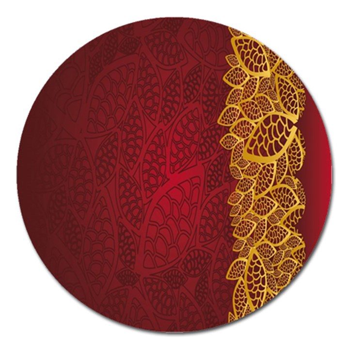 Floral Flower Golden Red Leaf Magnet 5  (Round)