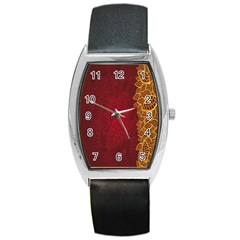 Floral Flower Golden Red Leaf Barrel Style Metal Watch by Mariart