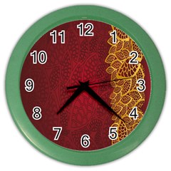 Floral Flower Golden Red Leaf Color Wall Clocks by Mariart