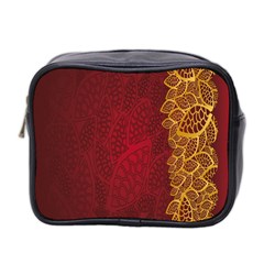 Floral Flower Golden Red Leaf Mini Toiletries Bag 2-side by Mariart