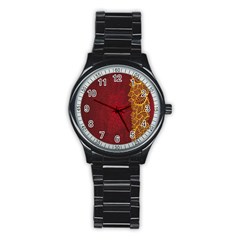 Floral Flower Golden Red Leaf Stainless Steel Round Watch by Mariart