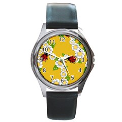 Flower Floral Sunflower Butterfly Red Yellow White Green Leaf Round Metal Watch by Mariart