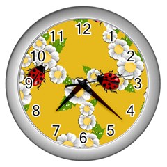 Flower Floral Sunflower Butterfly Red Yellow White Green Leaf Wall Clocks (silver)  by Mariart