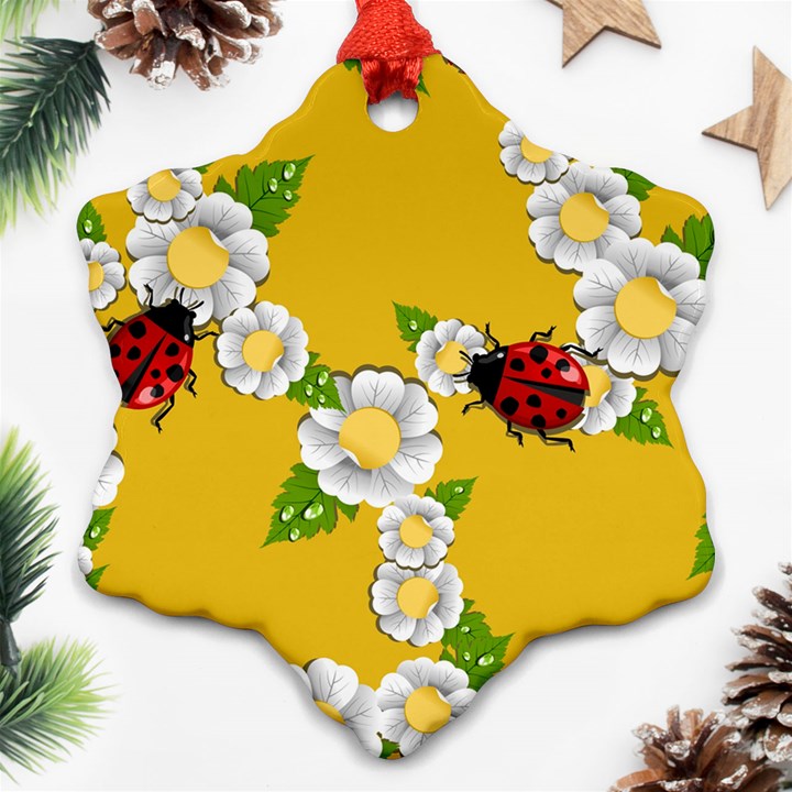 Flower Floral Sunflower Butterfly Red Yellow White Green Leaf Snowflake Ornament (Two Sides)