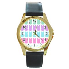 Happy Easter Rabbit Color Green Purple Blue Pink Round Gold Metal Watch by Mariart