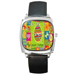 Happy Easter Butterfly Love Flower Floral Color Rainbow Square Metal Watch by Mariart