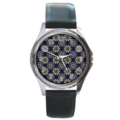 Floral Flower Star Blue Round Metal Watch