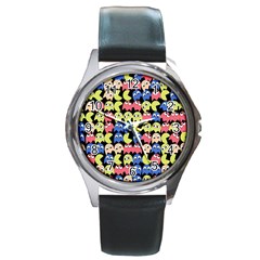 Pacman Seamless Generated Monster Eat Hungry Eye Mask Face Color Rainbow Round Metal Watch by Mariart