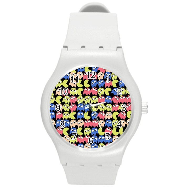 Pacman Seamless Generated Monster Eat Hungry Eye Mask Face Color Rainbow Round Plastic Sport Watch (M)