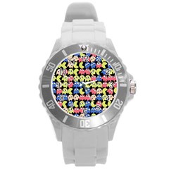 Pacman Seamless Generated Monster Eat Hungry Eye Mask Face Color Rainbow Round Plastic Sport Watch (l) by Mariart