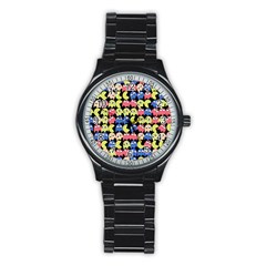 Pacman Seamless Generated Monster Eat Hungry Eye Mask Face Color Rainbow Stainless Steel Round Watch by Mariart