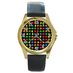 Pacman Seamless Generated Monster Eat Hungry Eye Mask Face Rainbow Color Round Gold Metal Watch by Mariart