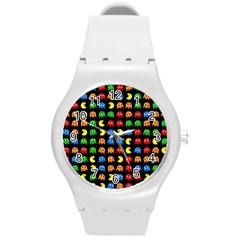 Pacman Seamless Generated Monster Eat Hungry Eye Mask Face Rainbow Color Round Plastic Sport Watch (m) by Mariart