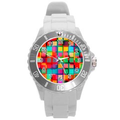 Plaid Line Color Rainbow Red Orange Blue Chevron Round Plastic Sport Watch (l) by Mariart