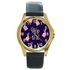 Rabbit Bunny Pink Purple Easter Animals Round Gold Metal Watch by Mariart