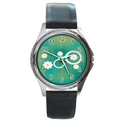 Sunflower Sakura Flower Floral Circle Green Round Metal Watch by Mariart