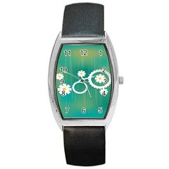 Sunflower Sakura Flower Floral Circle Green Barrel Style Metal Watch by Mariart