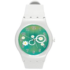 Sunflower Sakura Flower Floral Circle Green Round Plastic Sport Watch (m) by Mariart