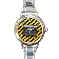 Under Construction Sign Iron Line Black Yellow Cross Round Italian Charm Watch by Mariart