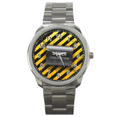 Under Construction Sign Iron Line Black Yellow Cross Sport Metal Watch by Mariart